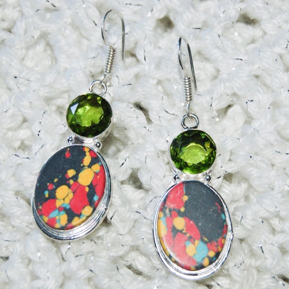 Colorful Mosaic Jasper Earrings w Beads 2" - Picture 2 of 3